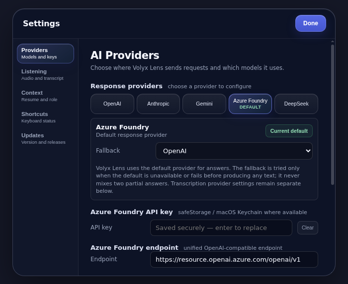 Volyx Lens settings showing configurable AI providers and local API key fields